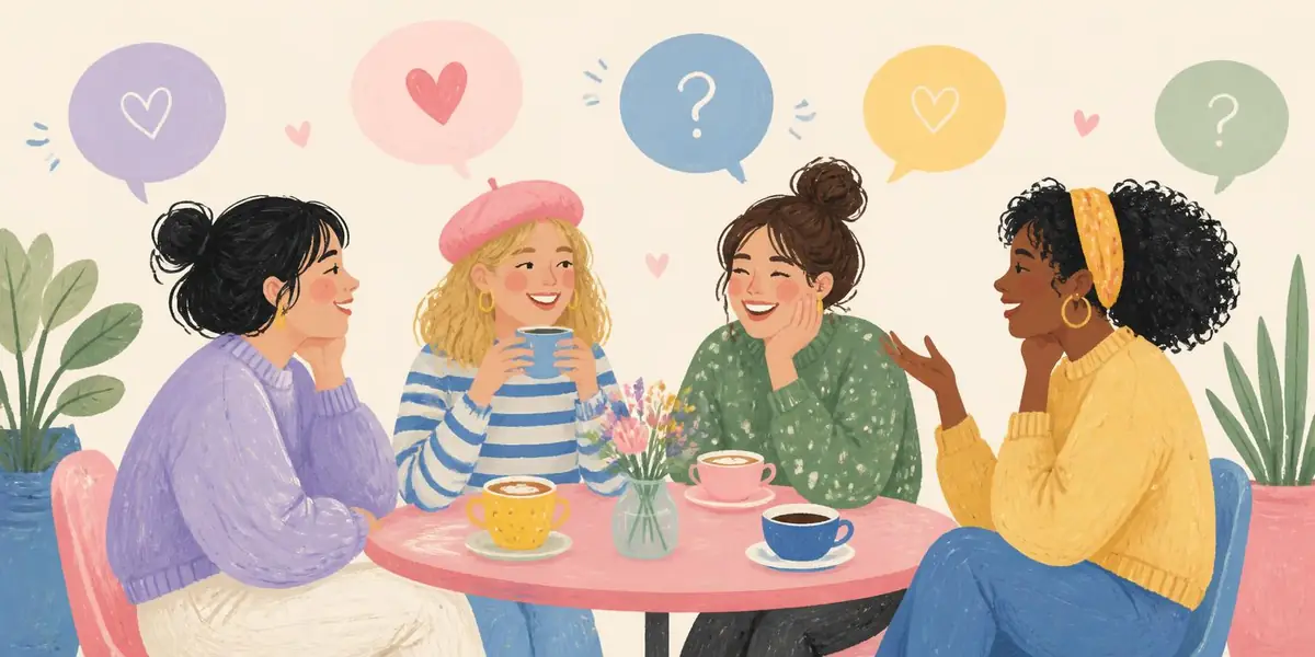 a group of friends laughing around a pastel café table