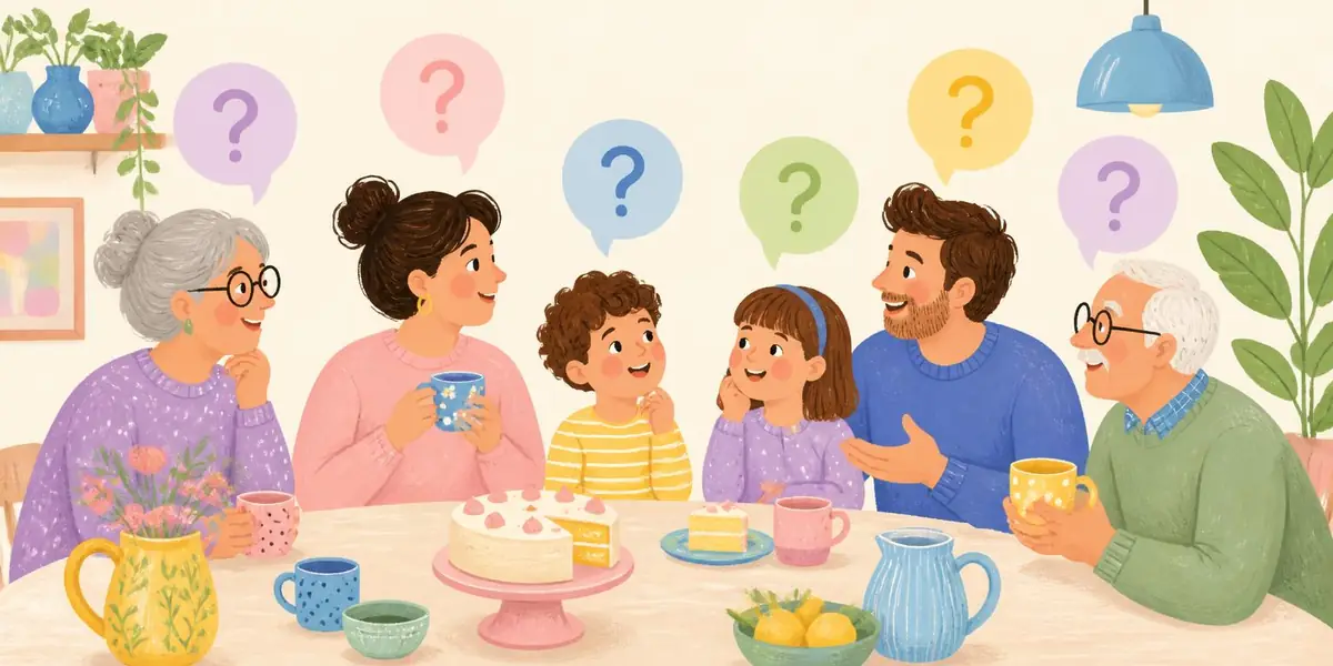 a multigenerational family talking around a kitchen table with cake