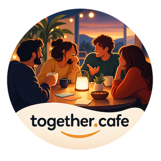 Friends gathered around a café table — together.cafe