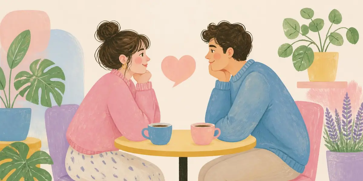 a couple leaning in over coffee at a small café table