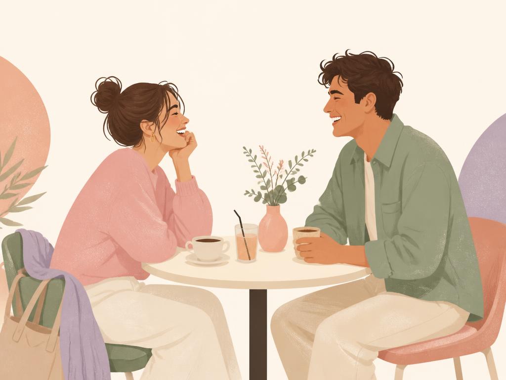 Two people laughing across a small cafΓ© table with coffee between them
